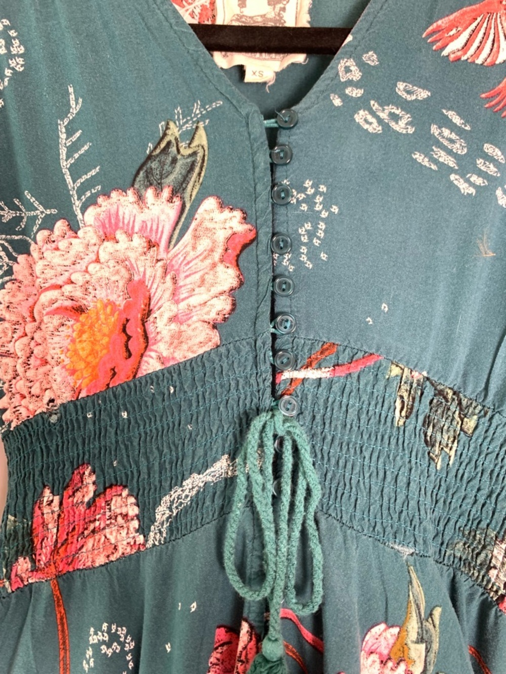 Jaase Maxi Dress XS Teal Floral Boho Autumn Wedding Guest Smocked V-Neck - Picture 9 of 16